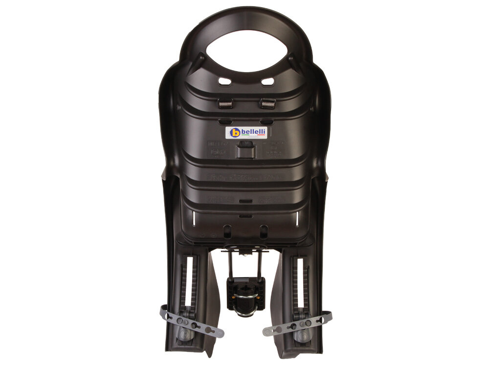 Fotelik rowerowy BELLELLI Mr Fox Standard Czarny fotelik na białym tle widoczny od tyłu stalowy, giętki pałąk skuteczna amortyzacja w trakcie jazdy fotelik ogranicza przenoszenie wstrząsów bezpośrednio na dziecko komfort i stabilność płynność przejazdu