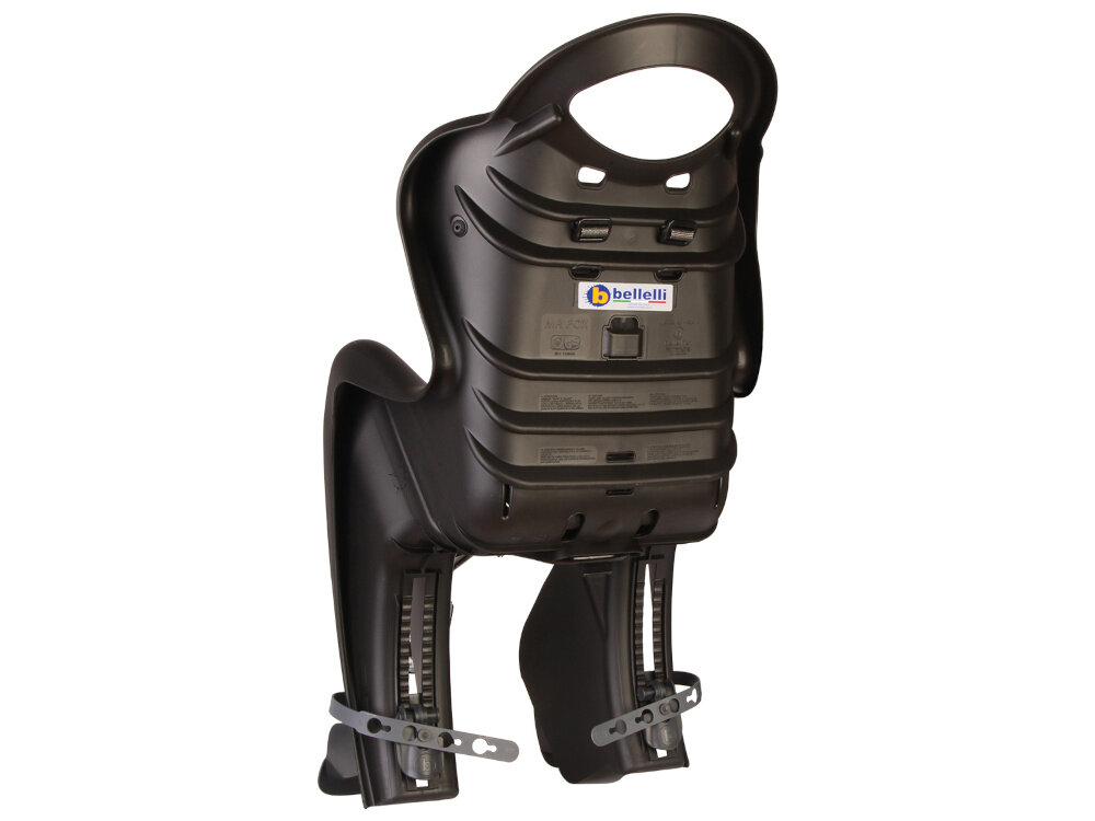 Fotelik rowerowy BELLELLI Mr Fox Standard Czarny fotelik na białym tle widoczny od tyłu pod skosem ergonomicznie profilowane oparcie szerokie boki specjalne kanały wentylacyjne w oparciu ogranicza przegrzewanie w ciepłe dni wzmacnia sztywność konstrukcji miękka, hipoalergiczna tapicerka szybkiego zdjęcia i prania