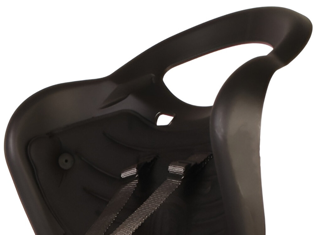 Fotelik rowerowy BELLELLI Mr Fox Standard Czarny zbliżenie na wgłębienie na kask białe tło specjalne wgłębienie na kask głowa malucha w prawidłowej pozycji wspiera prawidłową postawę bezpieczeństwo