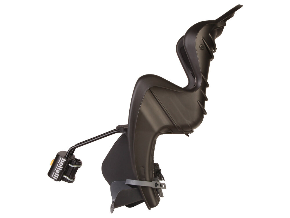 Fotelik rowerowy BELLELLI Mr Fox Standard Czarny fotelik na białym tle widoczny z boku montaż do rowerów o średnicy kół 26–28 cali bezpośrednio do rury podsiodłowej o przekroju okrągłym (średnica 25–36 mm lub 38–46 mm) owalnym (38–60 mm na 30–40 mm) stabilne i pewne zamocowanie fotelik jest bezpieczny