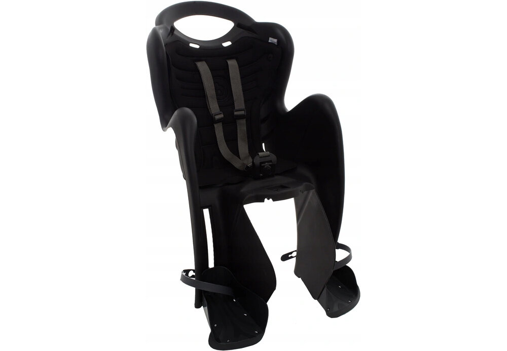 Fotelik rowerowy BELLELLI Mr Fox Standard Czarny fotelik na białym tle widoczny od przodu pod skosem z wysokiej jakości, wytrzymałego tworzywa sztucznego waga około 5,2 kg spełnia wszystkie rygorystyczne normy europejskie EN14344 bezpieczeństwo dziecka podczas jazdy fotelik stabilnie trzyma malucha