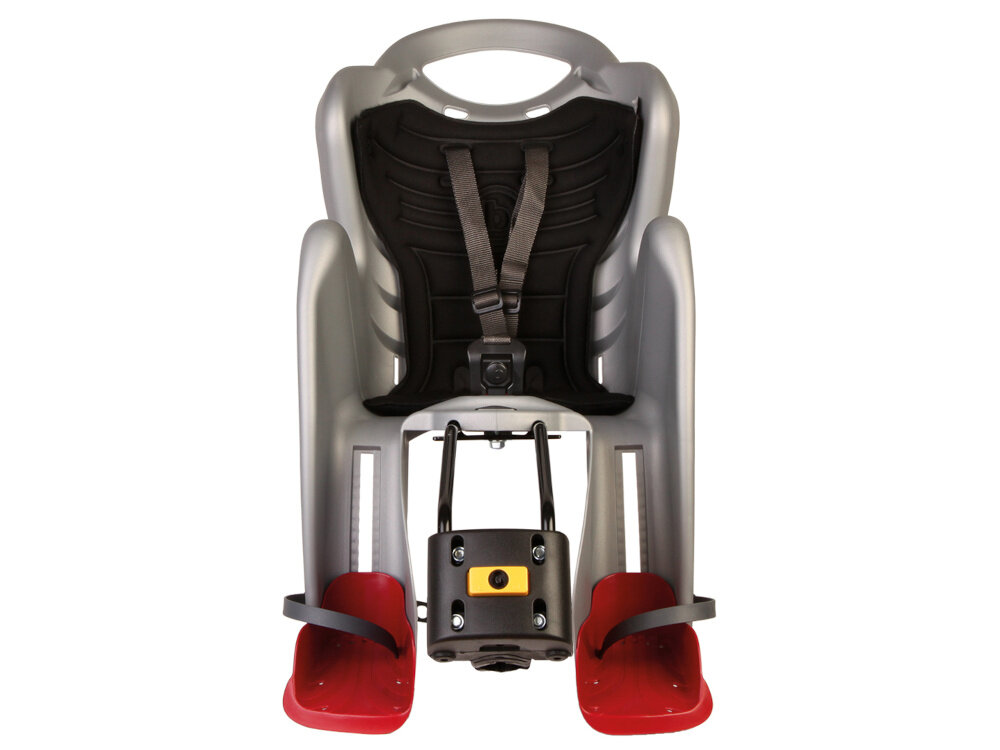 Fotelik rowerowy BELLELLI Mr Fox Standard Srebrny fotelik na białym tle widoczny od przodu bezpieczna podróż z dzieckiem komfort wygoda certyfikaty