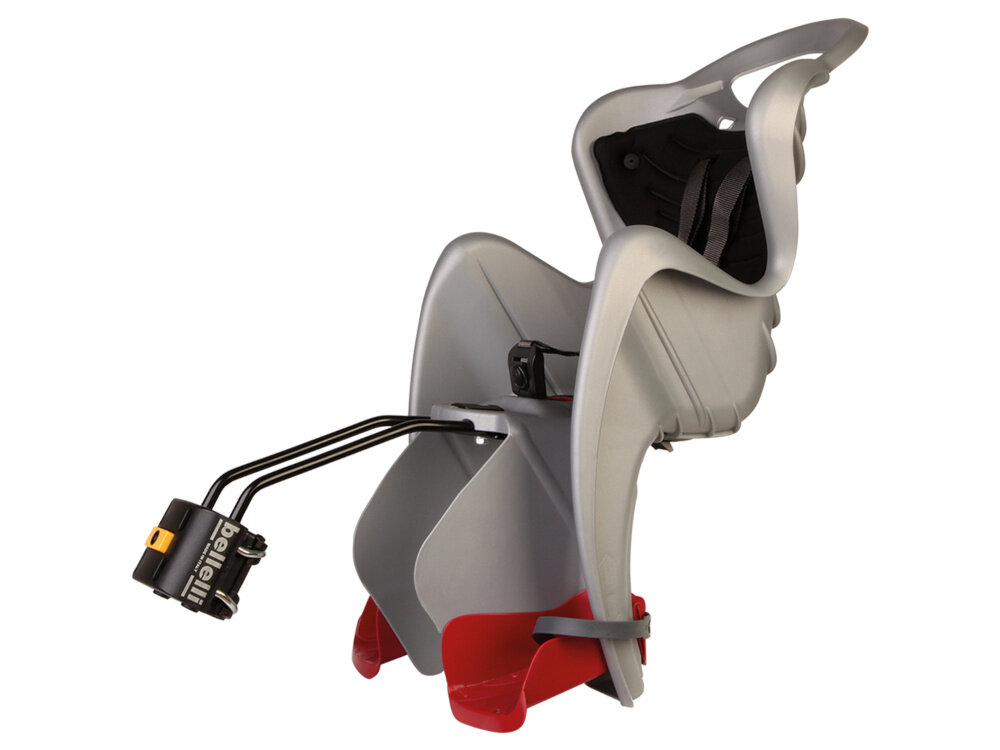 Fotelik rowerowy BELLELLI Mr Fox Standard Srebrny fotelik na białym tle widoczny od przodu pod skosem aktywna jazda rowerowa z małymi dziećmi wysokie standardy bezpieczeństwa komfort podróżowania dla dzieci o maksymalnej wadze do 22 kg