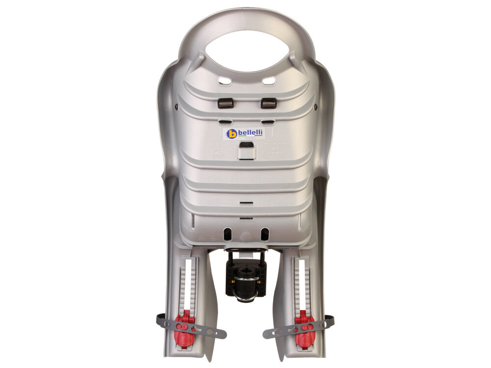 Fotelik rowerowy BELLELLI Mr Fox Standard Srebrny fotelik na białym tle widoczny od tyłu stalowy, giętki pałąk skuteczna amortyzacja w trakcie jazdy fotelik ogranicza przenoszenie wstrząsów bezpośrednio na dziecko komfort i stabilność płynność przejazdu