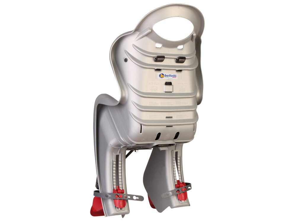 Fotelik rowerowy BELLELLI Mr Fox Standard Srebrny fotelik na białym tle widoczny od tyłu pod skosem ergonomicznie profilowane oparcie szerokie boki specjalne kanały wentylacyjne w oparciu ogranicza przegrzewanie w ciepłe dni wzmacnia sztywność konstrukcji miękka, hipoalergiczna tapicerka szybkiego zdjęcia i prania