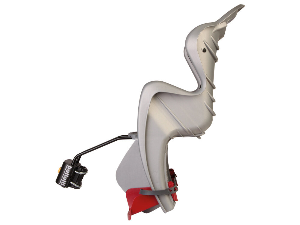 Fotelik rowerowy BELLELLI Mr Fox Standard Srebrny fotelik na białym tle widoczny z boku montaż do rowerów o średnicy kół 26–28 cali bezpośrednio do rury podsiodłowej o przekroju okrągłym (średnica 25–36 mm lub 38–46 mm) owalnym (38–60 mm na 30–40 mm) stabilne i pewne zamocowanie fotelik jest bezpieczny