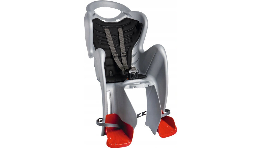 Fotelik rowerowy BELLELLI Mr Fox Standard Srebrny fotelik na białym tle widoczny od przodu pod skosem z wysokiej jakości, wytrzymałego tworzywa sztucznego waga około 5,2 kg spełnia wszystkie rygorystyczne normy europejskie EN14344 bezpieczeństwo dziecka podczas jazdy fotelik stabilnie trzyma malucha