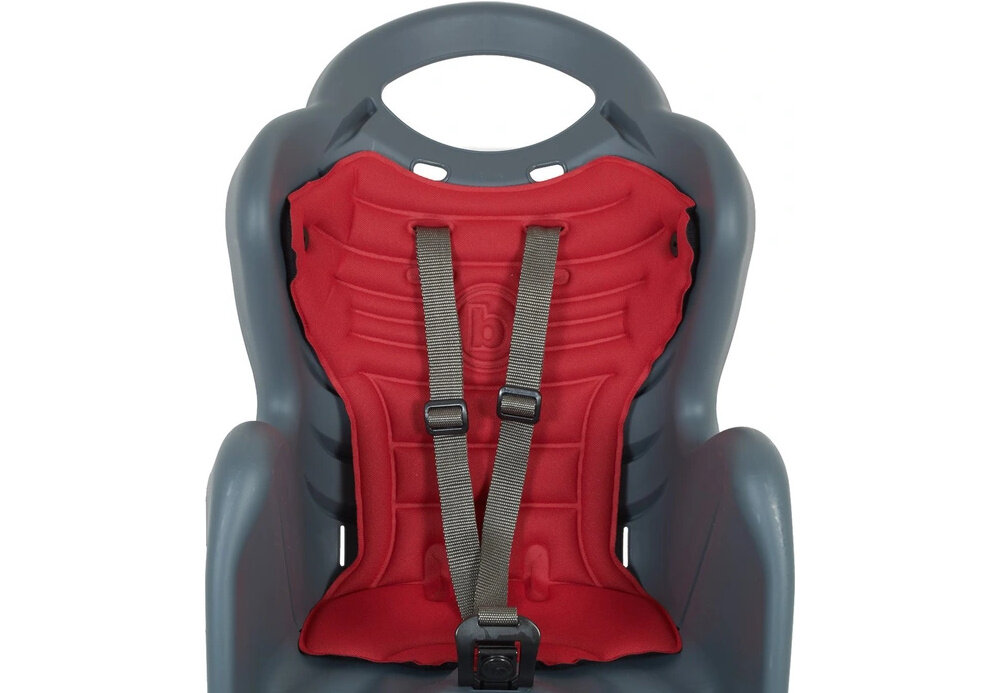 Fotelik rowerowy BELLELLI Mr Fox Relax Ciemnoszary fotelik na białym tle widoczny od przodu zbliżenie na pasy bezpieczeństwo dziecka solidna i trwała konstrukcja 3-punktowe pasy bezpieczeństwa regulowane i łatwe w obsłudze miękka, wodoodporna wyściółka łatwa w utrzymaniu czystości