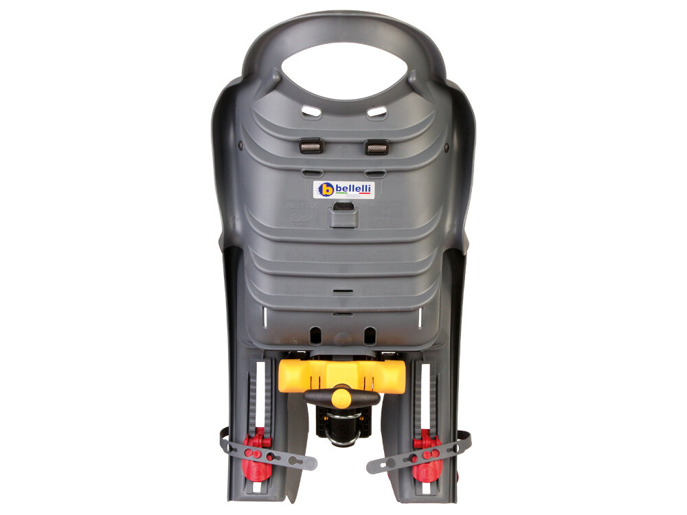 Fotelik rowerowy BELLELLI Mr Fox Relax Ciemnoszary fotelik na białym tle widoczny od tyłu stalowy, giętki pałąk skuteczna amortyzacja w trakcie jazdy fotelik ogranicza przenoszenie wstrząsów bezpośrednio na dziecko komfort i stabilność płynność przejazdu