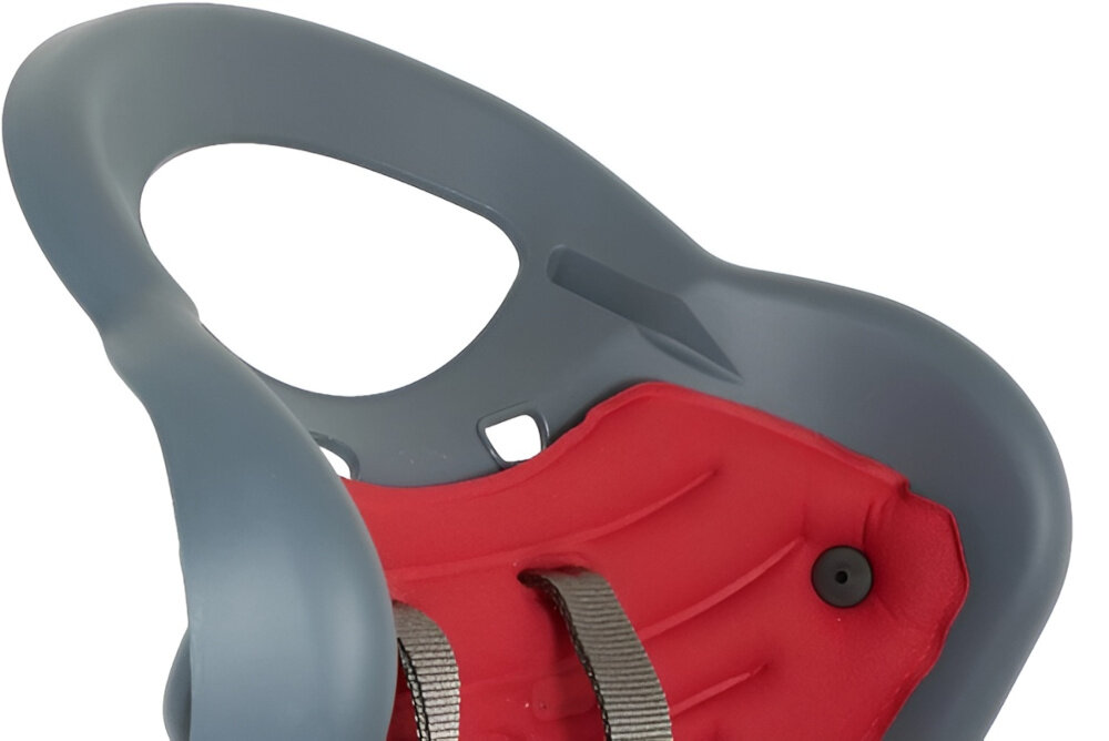 Fotelik rowerowy BELLELLI Mr Fox Relax Ciemnoszary zbliżenie na wgłębienie na kask białe tło specjalne wgłębienie na kask głowa malucha w prawidłowej pozycji wspiera prawidłową postawę bezpieczeństwo