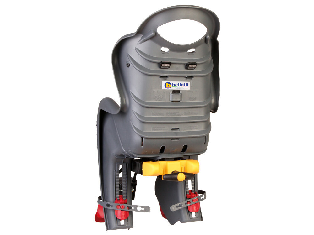 Fotelik rowerowy BELLELLI Mr Fox Relax Ciemnoszary fotelik na białym tle widoczny od tyłu pod skosem montaż do rowerów o średnicy kół 26–28 cali bezpośrednio do rury podsiodłowej o przekroju okrągłym (średnica 25–36 mm lub 38–46 mm) owalnym (38–60 mm na 30–40 mm) stabilne i pewne zamocowanie fotelik jest bezpieczny