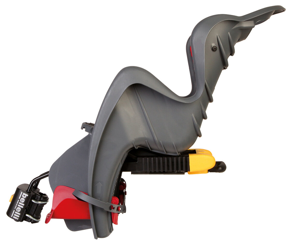 Fotelik rowerowy BELLELLI Mr Fox Relax Ciemnoszary fotelik na białym tle widoczny z boku z wysokiej jakości, wytrzymałego tworzywa sztucznego waga około 5 kg spełnia wszystkie rygorystyczne normy europejskie EN14344 bezpieczeństwo dziecka podczas jazdy fotelik stabilnie trzyma malucha