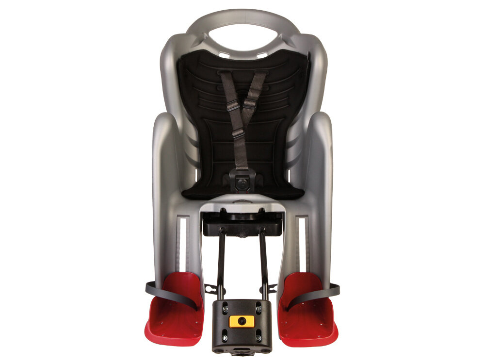 Fotelik rowerowy BELLELLI Mr Fox Relax Srebrny fotelik na białym tle widoczny od przodu bezpieczna podróż z dzieckiem komfort wygoda certyfikaty