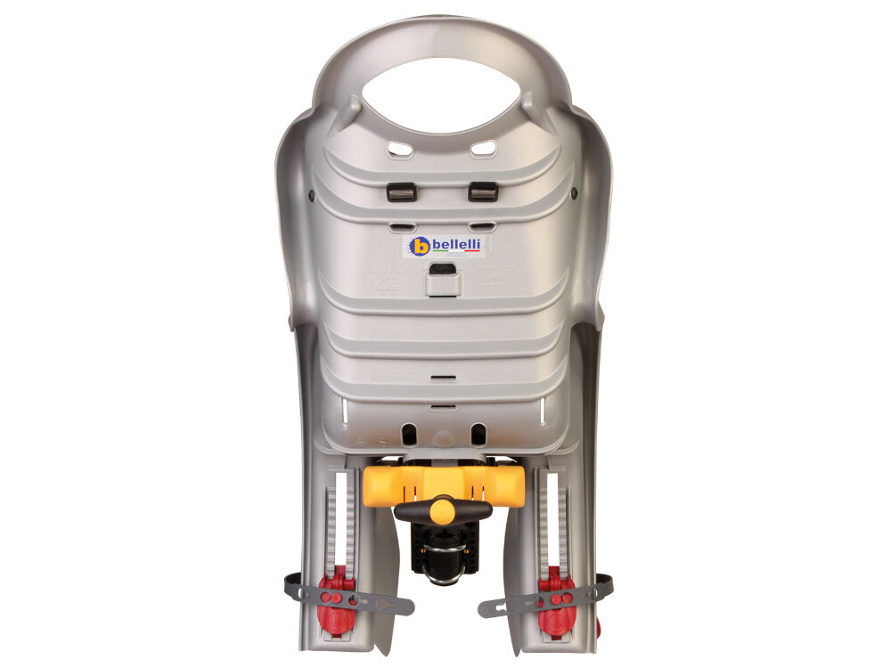 Fotelik rowerowy BELLELLI Mr Fox Relax Srebrny fotelik na białym tle widoczny od tyłu stalowy, giętki pałąk skuteczna amortyzacja w trakcie jazdy fotelik ogranicza przenoszenie wstrząsów bezpośrednio na dziecko komfort i stabilność płynność przejazdu