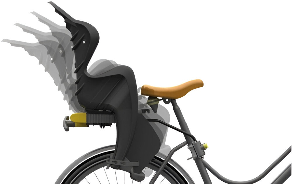 Fotelik rowerowy BELLELLI Mr Fox Relax Srebrny fotelik na białym tle widoczny z boku fotelik na rowerze pokazana symulacja odchylania ergonomicznie profilowane oparcie z funkcją odchylania szerokie boki specjalne kanały wentylacyjne w oparciu ogranicza przegrzewanie w ciepłe dni wzmacnia sztywność konstrukcji miękka, hipoalergiczna tapicerka szybkiego zdjęcia i prania