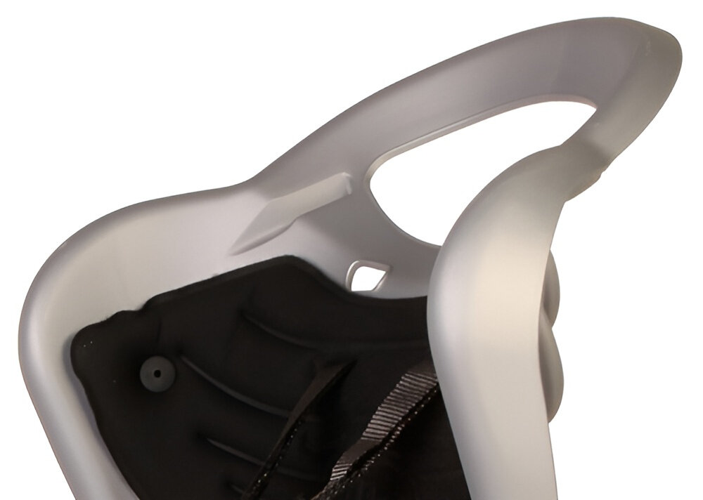 Fotelik rowerowy BELLELLI Mr Fox Relax Srebrny zbliżenie na wgłębienie na kask białe tło specjalne wgłębienie na kask głowa malucha w prawidłowej pozycji wspiera prawidłową postawę bezpieczeństwo