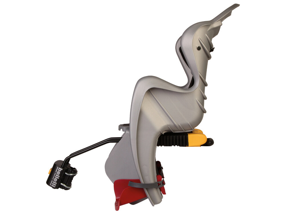 Fotelik rowerowy BELLELLI Mr Fox Relax Srebrny fotelik na białym tle widoczny z boku montaż do rowerów o średnicy kół 26–28 cali bezpośrednio do rury podsiodłowej o przekroju okrągłym (średnica 25–36 mm lub 38–46 mm) owalnym (38–60 mm na 30–40 mm) stabilne i pewne zamocowanie fotelik jest bezpieczny