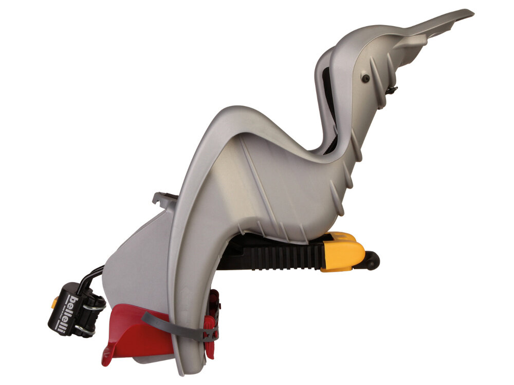 Fotelik rowerowy BELLELLI Mr Fox Relax Srebrny fotelik na białym tle widoczny z boku odchylone oparcie z wysokiej jakości, wytrzymałego tworzywa sztucznego waga około 5 kg spełnia wszystkie rygorystyczne normy europejskie EN14344 bezpieczeństwo dziecka podczas jazdy fotelik stabilnie trzyma malucha