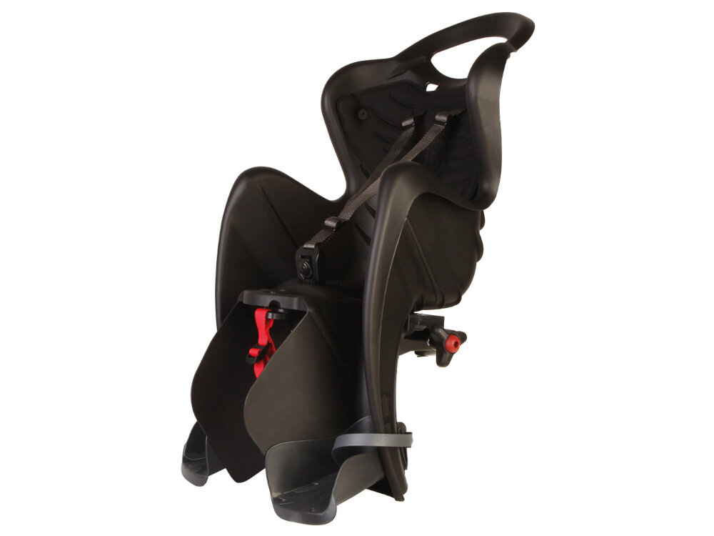 Fotelik rowerowy BELLELLI Mr Fox Clamp Czarny fotelik na białym tle widoczny od przodu pod skosem aktywna jazda rowerowa z małymi dziećmi wysokie standardy bezpieczeństwa komfort podróżowania dla dzieci o maksymalnej wadze do 22 kg