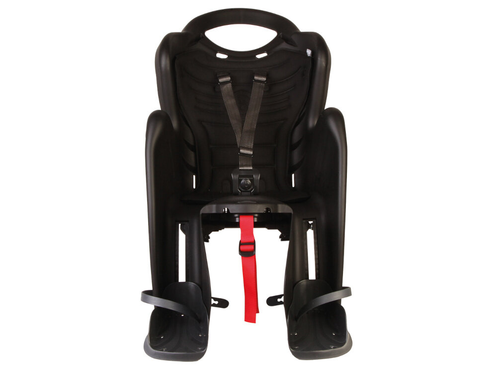 Fotelik rowerowy BELLELLI Mr Fox Clamp Czarny fotelik na białym tle widoczny od przodu bezpieczeństwo dziecka solidna i trwała konstrukcja 3-punktowe pasy bezpieczeństwa regulowane i łatwe w obsłudze miękka, wodoodporna wyściółka łatwa w utrzymaniu czystości