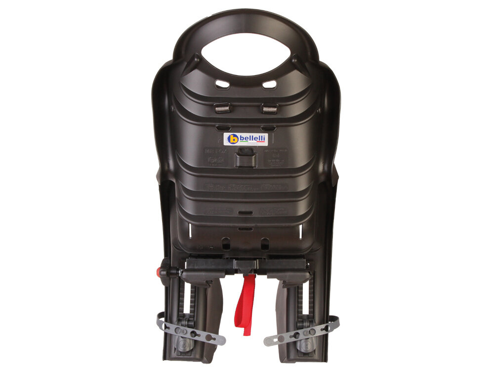 Fotelik rowerowy BELLELLI Mr Fox Clamp Czarny fotelik na białym tle widoczny od tyłu stalowy, giętki pałąk skuteczna amortyzacja w trakcie jazdy fotelik ogranicza przenoszenie wstrząsów bezpośrednio na dziecko komfort i stabilność płynność przejazdu