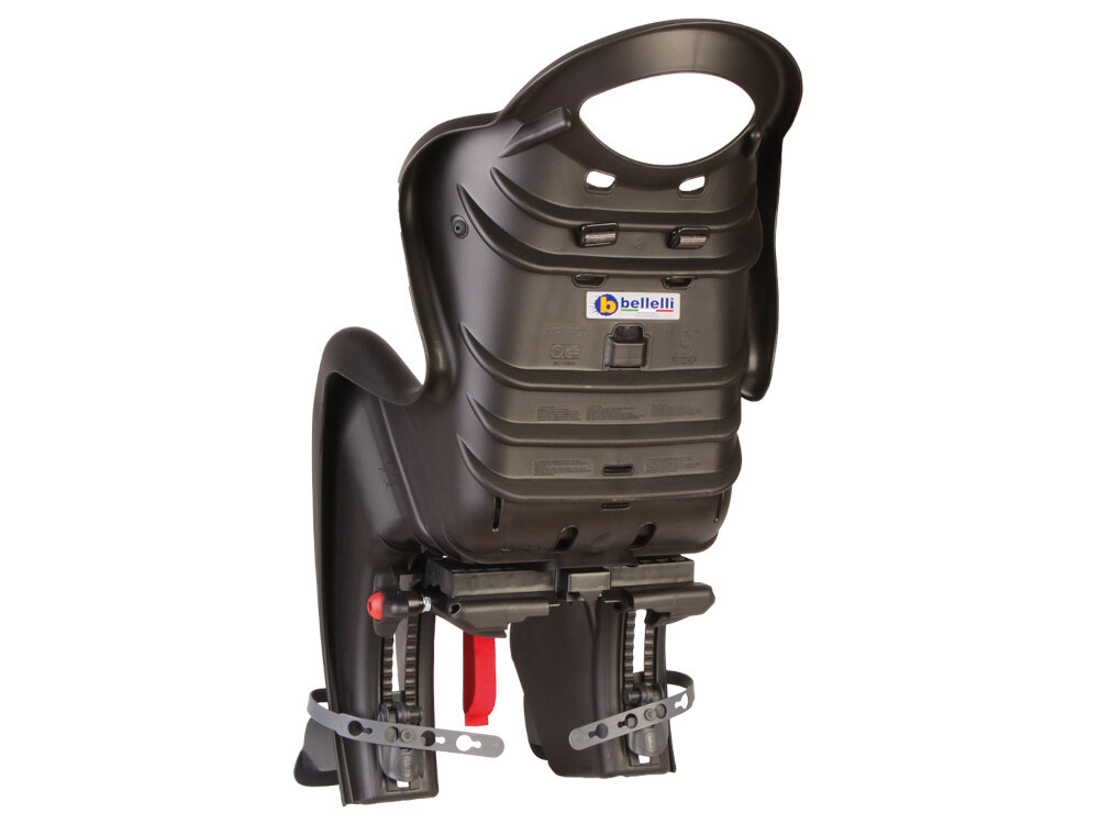 Fotelik rowerowy BELLELLI Mr Fox Clamp Czarny fotelik na białym tle widoczny od tyłu pod skosem do rowerów z kołami o średnicy 26–28 cali na bagażniku o szerokości 120–175 mm bagażnik powinien mieć nośność minimum 25 kg bezpieczeństwo i stabilność