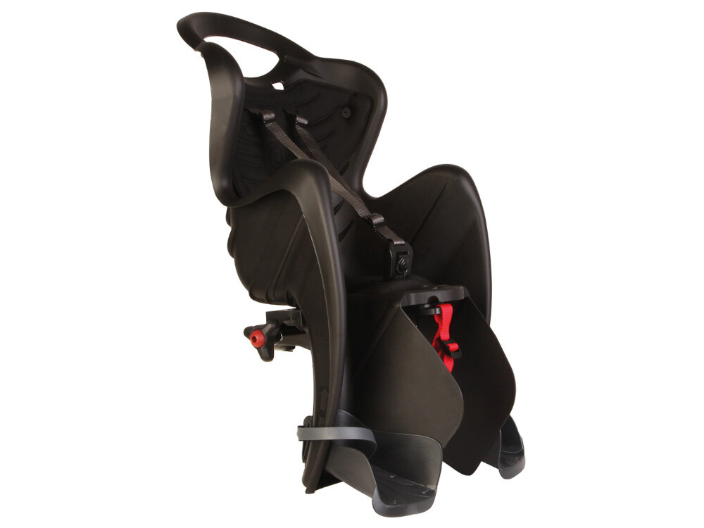 Fotelik rowerowy BELLELLI Mr Fox Clamp Czarny fotelik na białym tle widoczny od przodu pod skosem z wysokiej jakości, wytrzymałego tworzywa sztucznego waga około 3,5 kg spełnia wszystkie rygorystyczne normy europejskie EN14344 bezpieczeństwo dziecka podczas jazdy fotelik stabilnie trzyma malucha