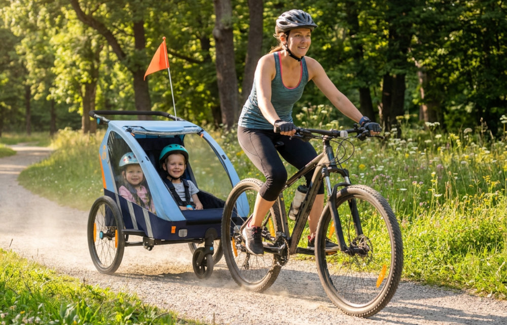 Przyczepka rowerowa BELLELLI Trailblazer BEL01BLZ001 Błękitny osoba jedzie na rowerze do roweru przyczepiona przyczepka las łąka przejażdżka rowerowa wycieczka transport