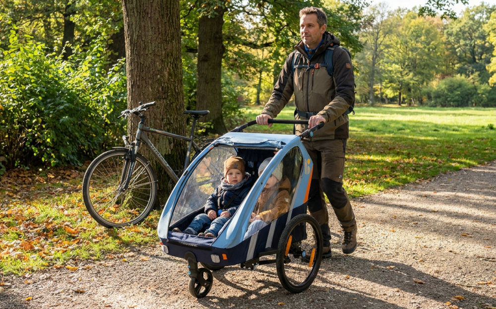 Przyczepka rowerowa BELLELLI Trailblazer BEL01BLZ001 Błękitny park osoba prowadzi przyczepkę przed sobą w tle drzewa rower oparty o drzewo dla jednego lub dwojga dzieci przekształcić w wózek spacerowy do 41 kg do 110 cm wzrostu 9 miesięcy możliwość samodzielnego siedzenia