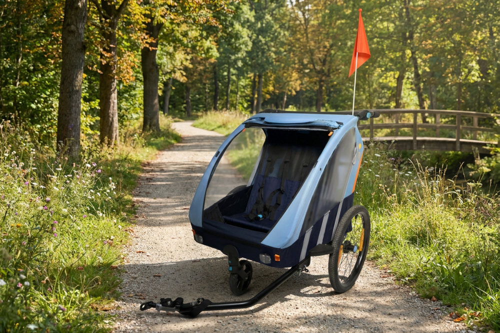 Przyczepka rowerowa BELLELLI Trailblazer BEL01BLZ001 Błękitny przyczepka ustawioa na środku drogi w lesie Aluminiowa rama 85 cm szerokości 146 cm długości z pałąkiem do 59,5 kg aluminium, poliester, folię PVC i PU