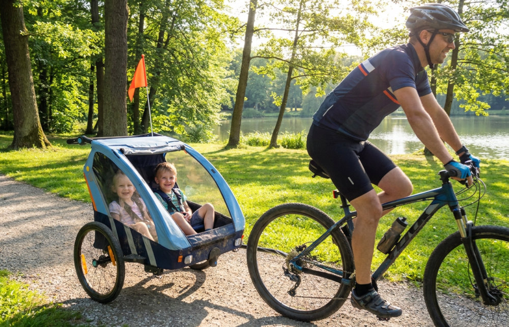 Przyczepka rowerowa BELLELLI Trailblazer BEL01BLZ001 Błękitny osoba jedzie na rowerze do roweru przyczepiona przyczepka las łąka Specjalne zapięcie pozwala szybko przyłączyć lub odłączyć przyczepkę od roweru bez użycia kluczy dwóch elementów jednego montowanego na stałe do ramy roweru drugiego znajdującego się przy przyczepce testowana pod kątem przeciążeń skrętnych do 150 kg do 25 km/h Odblaski proporczyk
