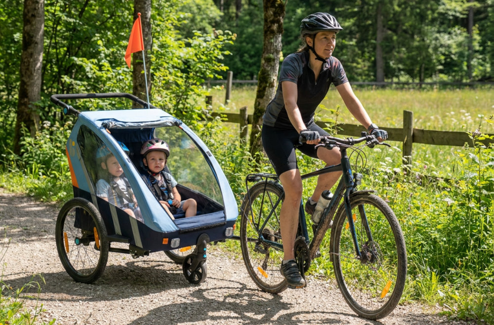 Przyczepka rowerowa BELLELLI Trailblazer BEL01BLZ001 Błękitny osoba jedzie na rowerze do roweru przyczepiona przyczepka las łąka Duże, 20-calowe tylne koła pompowane i amortyzowane pięciopunktowe pasy bezpieczeństwa entylacja wspiera komfort Wielowarstwowa roleta daszek przeciwsłoneczny z siatką ochronną przed owadami