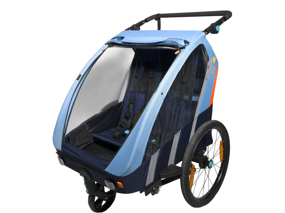 Przyczepka rowerowa BELLELLI Trailblazer BEL01BLZ001 Błękitny przyczepka na białym tle Okrycie wykonano z wodoodpornej tkaniny poliestrowej 600D, Przezroczysty pokrowiec przeciwdeszczowy z PVC boczne okno Daszek przeciwsłoneczny Moskitiera Wentylacja wspiera przepływ powietrza we wnętrzu