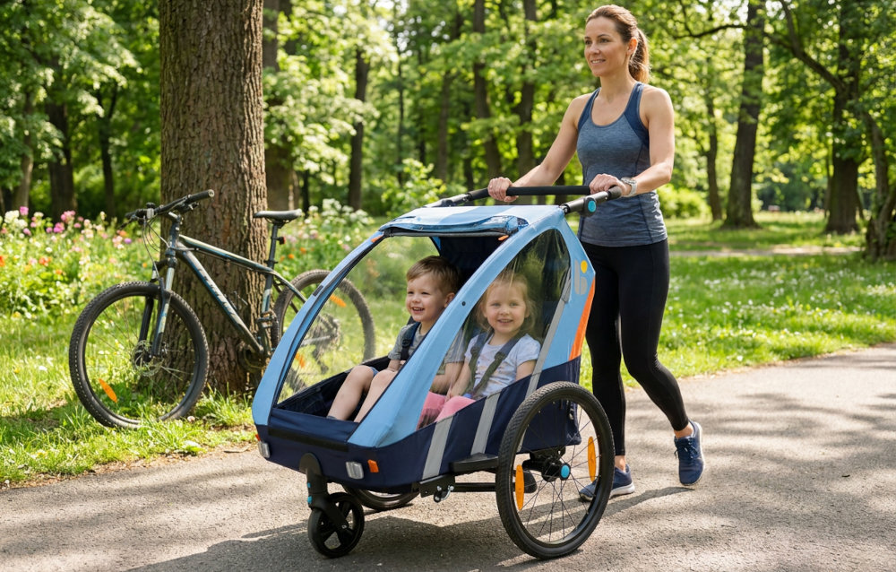 Przyczepka rowerowa BELLELLI Trailblazer BEL01BLZ001 Błękitny park osoba prowadzi przyczepkę przed sobą w tle drzewa rower oparty o drzewo Możliwość przekształcenia przyczepki w wózek spacerowy Hamulec postojowy Po złożeniu przyczepka ma wymiary 102 x 66 x 35 cm w środku przyczepka ma praktyczną kieszeń na drobiazgi