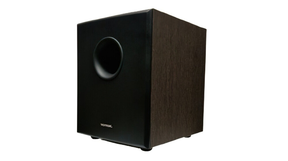 Subwoofer TONSIL AKTIV 250 A - Potężne brzmienie basów, subwoofer po skosie na białym tle