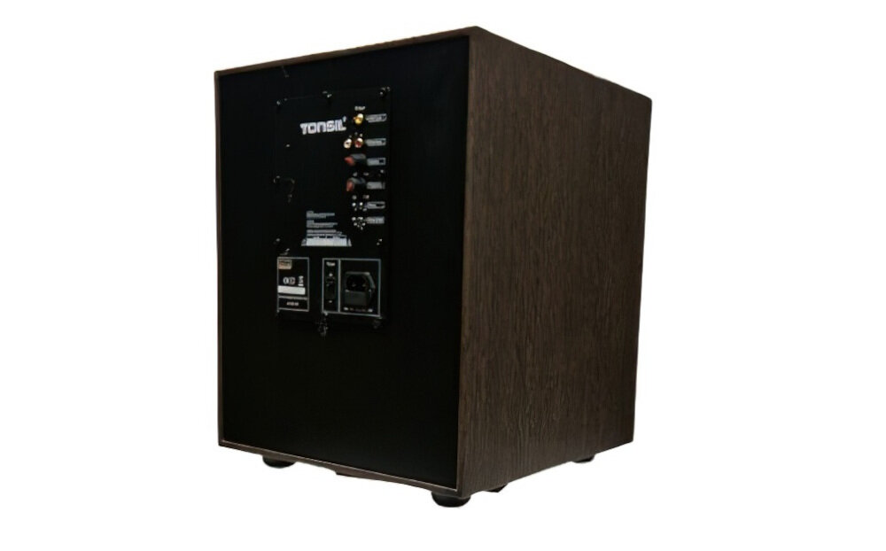 Subwoofer TONSIL AKTIV 250 A - Pasmo dźwięku, subwoofer po skosie na białym tle