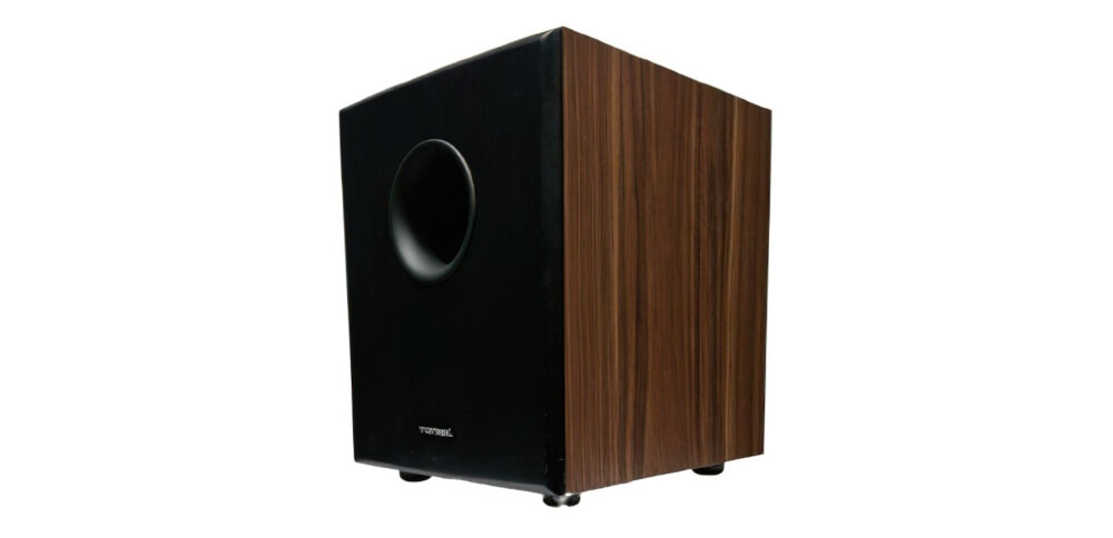 Subwoofer TONSIL AKTIV 250 A - Wydajność na lata, subwoofer po skosie na białym tle