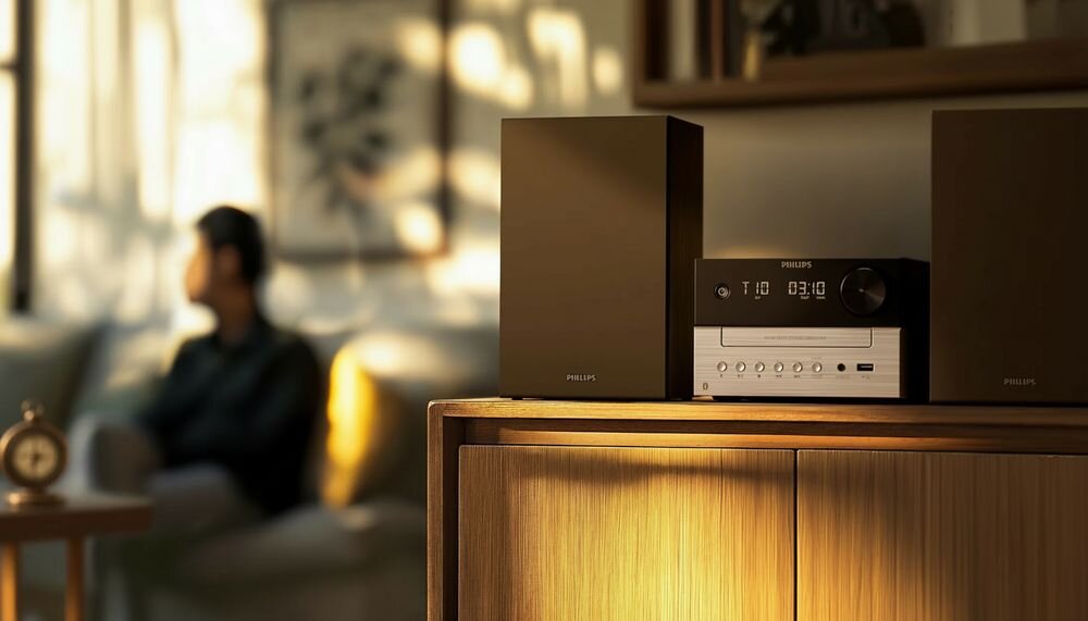 Wieża PHILIPS TAM3205M2 12 klasyczne wzornictwo stereo dwukolorowa konstrukcja przyciski, wieża stojąca na komodzie