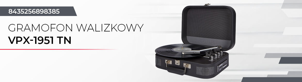 Gramofon AIWA VPX-1951 retro walizkowy Bluetooth USB kompaktowy, gramofon po skosie na biało-szarym tle