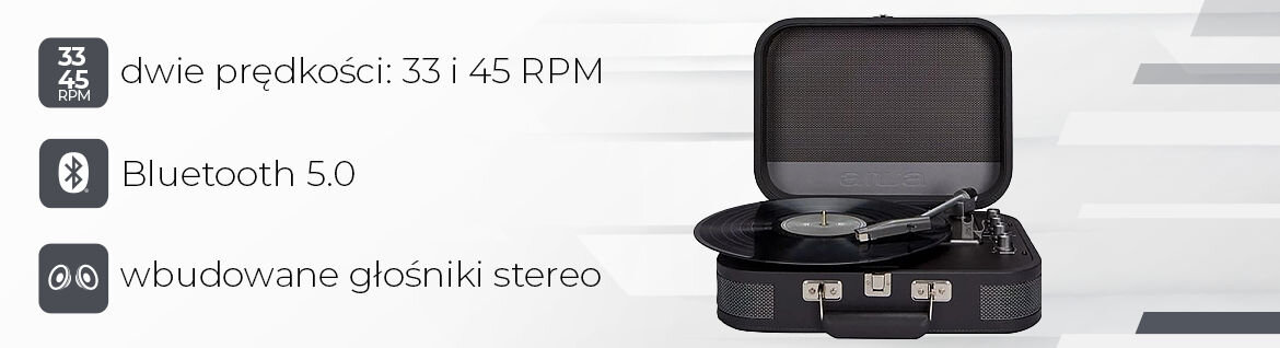 Gramofon AIWA VPX-1951 Bluetooth USB głośniki walizkowy design, gramofon od frontu na biało-szarym tle