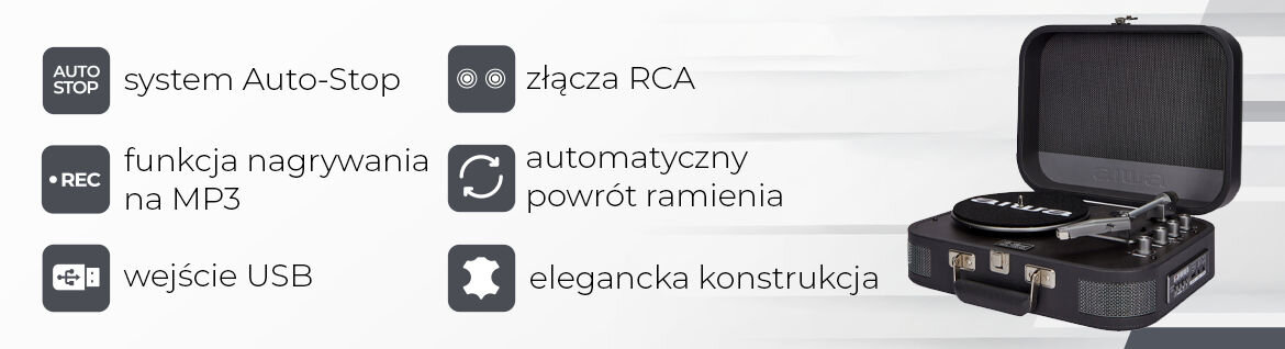 Gramofon AIWA VPX-1951 Audio Technica stabilny dźwięk ramię silnik, gramofon po skosie na biało-szarym tle
