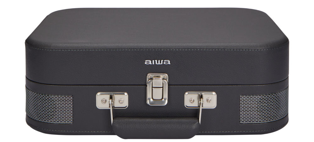 Gramofon AIWA VPX-1951 walizkowy retro dodatki okleina kabel adapter, zamknięty gramofon od frontu na białym tle