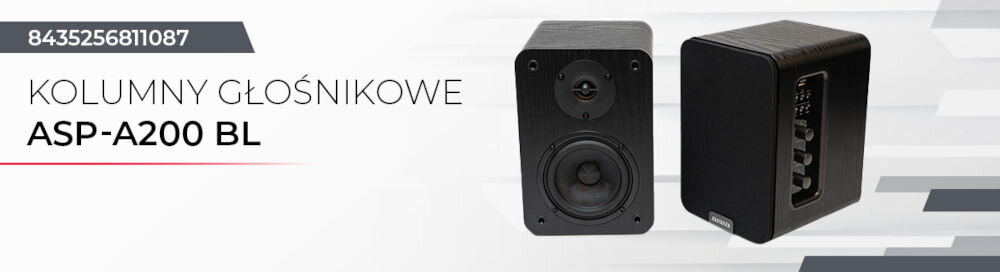 Kolumny głośnikowe AIWA ASP-A200 aktywne kolumny bookshelf, wzmacniacz klasy D, czysty dźwięk, pasmo 40Hz–20kHz, głośniki na szarym tle pod skosem