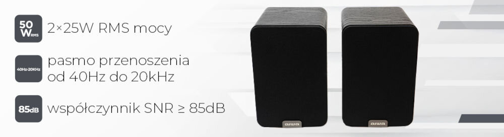 Kolumny głośnikowe AIWA ASP-A200 kolumny aktywne, moc 2 x 25 W RMS, wysoka jakość dźwięku SNR 85dB, głośniki na szarym tle od frontu