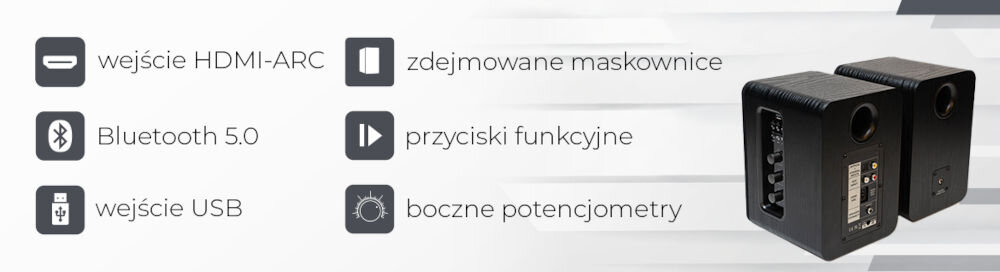 Kolumny głośnikowe AIWA ASP-A200 Bluetooth 5.0, wejścia HDMI-ARC, USB-MP3, RCA, optyczne, szeroka kompatybilność, kolumny na szarym tle z boku