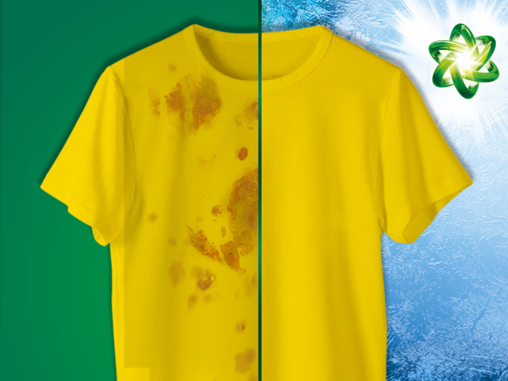 Kapsułki do prania ARIEL All In 1 Pods Color Porównanie żółtej koszulki: po lewej stronie brudna z licznymi plamami, po prawej czysta i odświeżona po praniu w kapsułkach Ariel