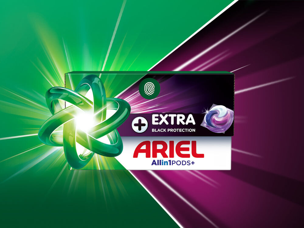 Kapsułki do prania ARIEL Extra Black Protection - 38 szt. Grafika 1 (Opakowanie):Opakowanie kapsułek Ariel All-in-1 Pods+ Extra Color & Fiber Protection do ochrony kolorów i włókien ubrań na tle tęczowych linii