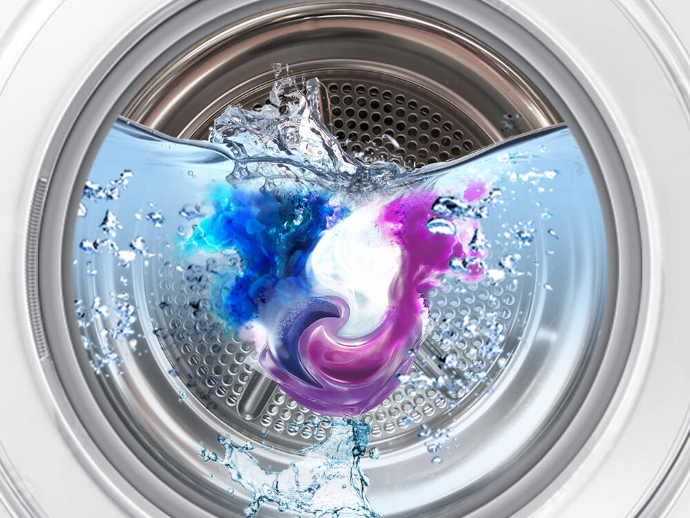 Kapsułki do prania ARIEL Complete Fiber Protection (Extra color) - 38 szt. Trójkolorowa kapsułka Ariel All-in-1 Pods+ rozpuszczająca się w wodzie w bębnie pralki, uwalniająca niebieski i fioletowy detergent