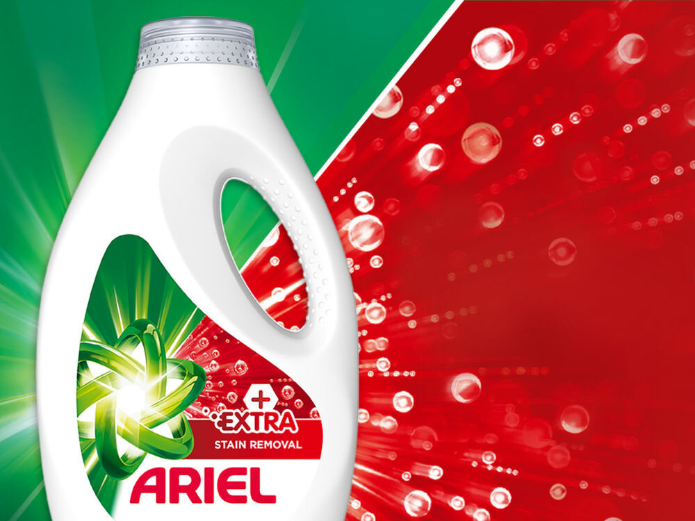 Płyn do prania ARIEL Extra Clean Power 2250 ml do kolorowych tkanin Biała butelka płynu do prania ARIEL Extra Clean Power z zielonym symbolem atomu na tle rozchodzących się promieni świetlnych