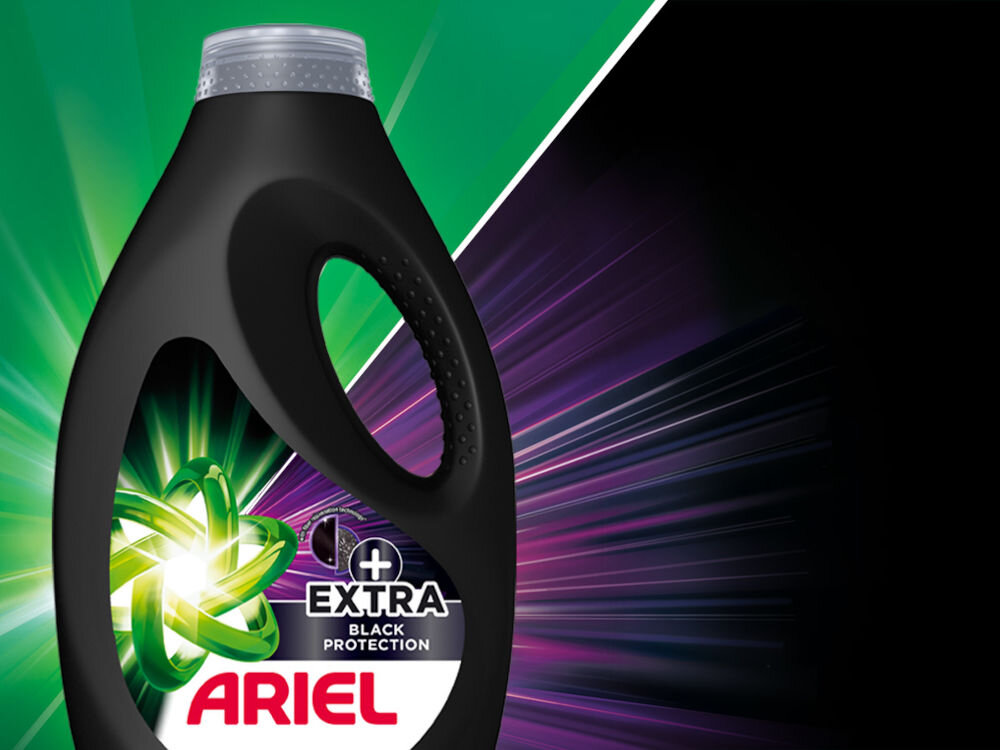 Płyn do prania ARIEL Extra Black Protection 2700 ml do kolorowych tkanin Biała butelka płynu do prania ARIEL Extra Black Protection z zielonym symbolem atomu na tle rozchodzących się promieni świetlnych